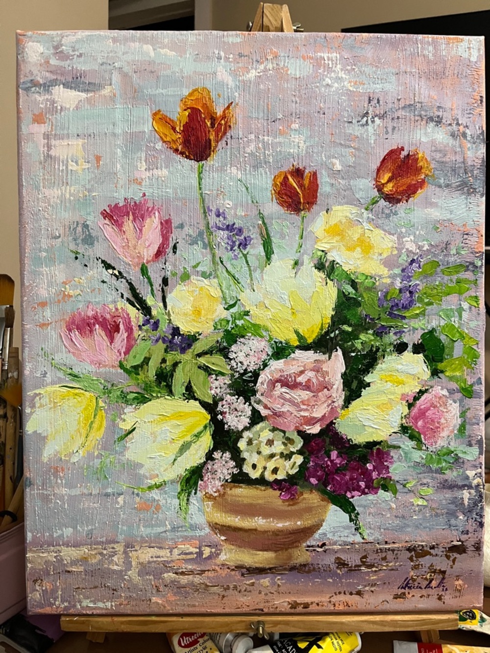 Floral Still Life Canvas Painting - Pink, Yellow & Red Bouquet